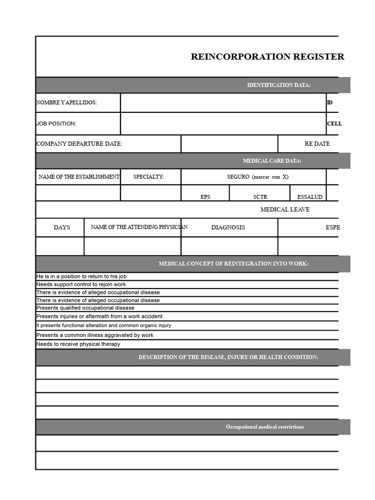 Reincorporation Medical Register Form | PDF