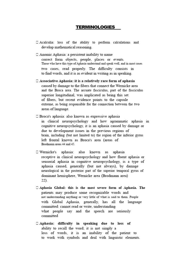 Key Terminologies in Language Disorders | PDF | Aphasia | Amnesia