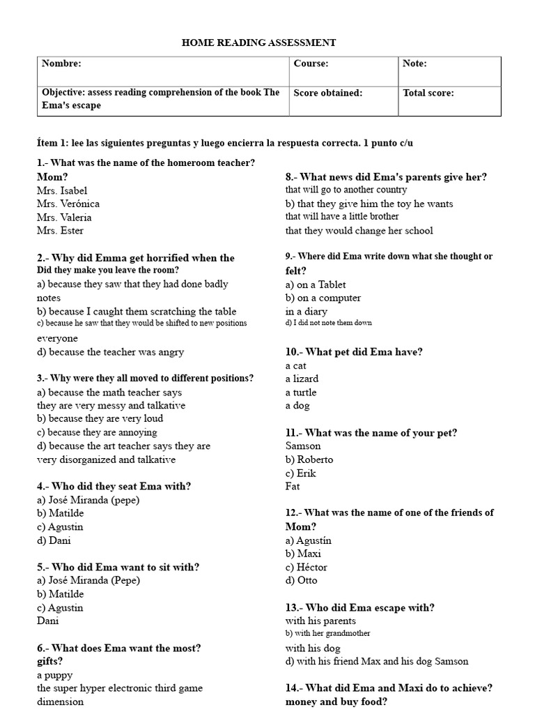 Ema's Escape Reading Assessment Guide | PDF