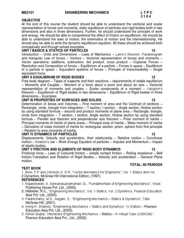 Me2151 Engineering Mechanics L T P C PDF Force Euclidean Vector