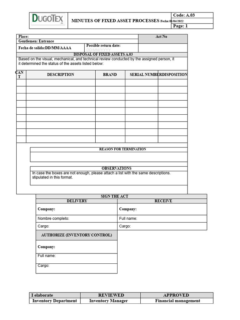Fixed Asset Disposal Minutes A.03 | PDF