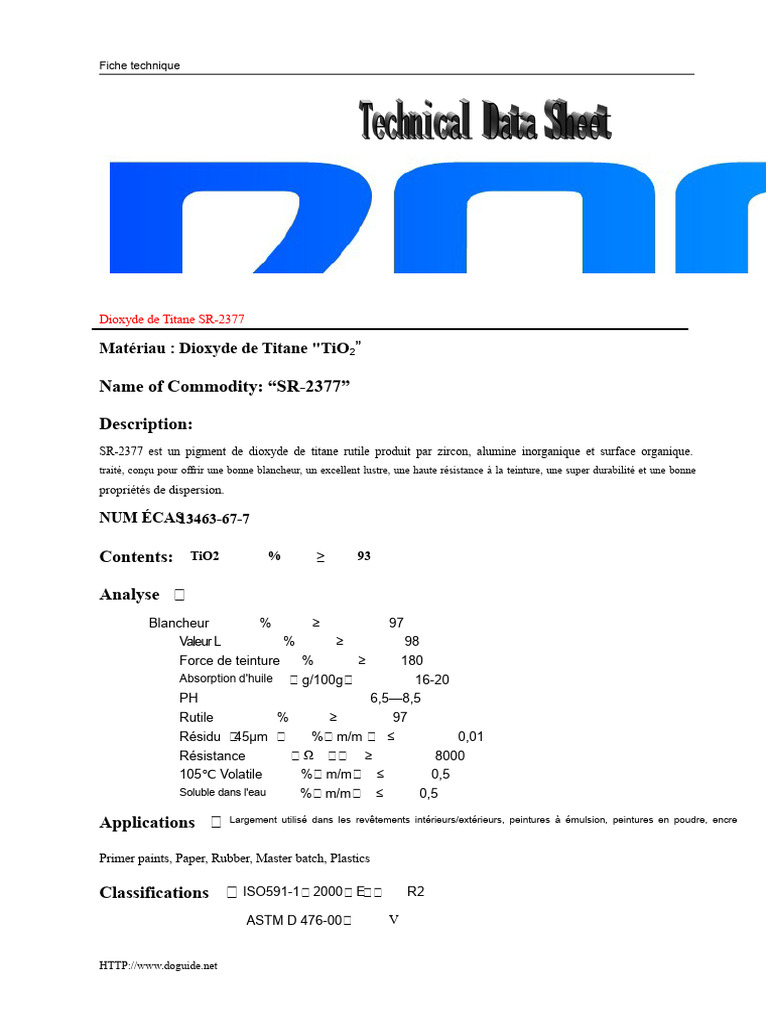 Fiche technique du dioxyde de titane SR-2377 | PDF