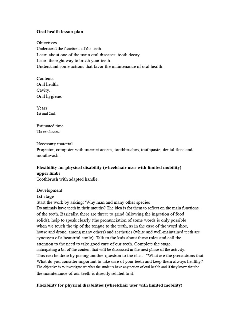 Oral Health Lesson Plan | PDF | Oral Hygiene | Dentistry