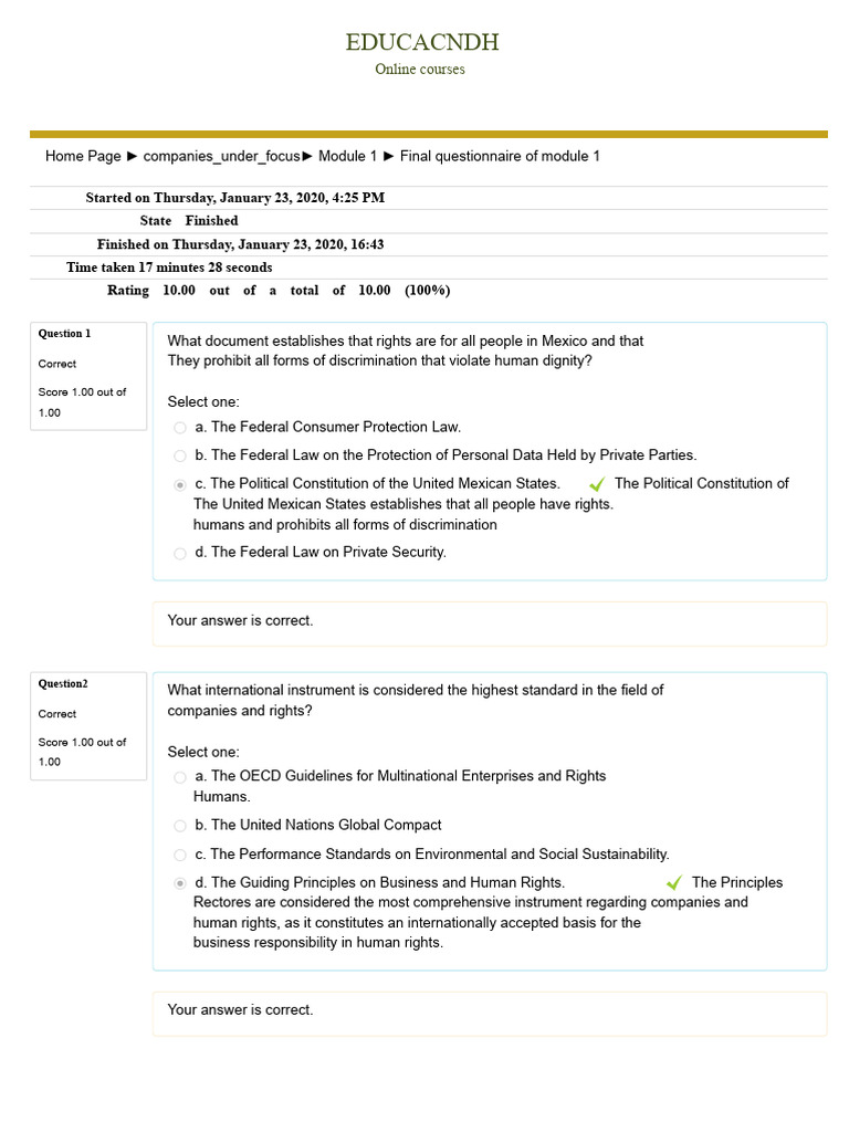 CNDH Module 1: Human Rights Quiz Results | PDF | Human Rights | Justice