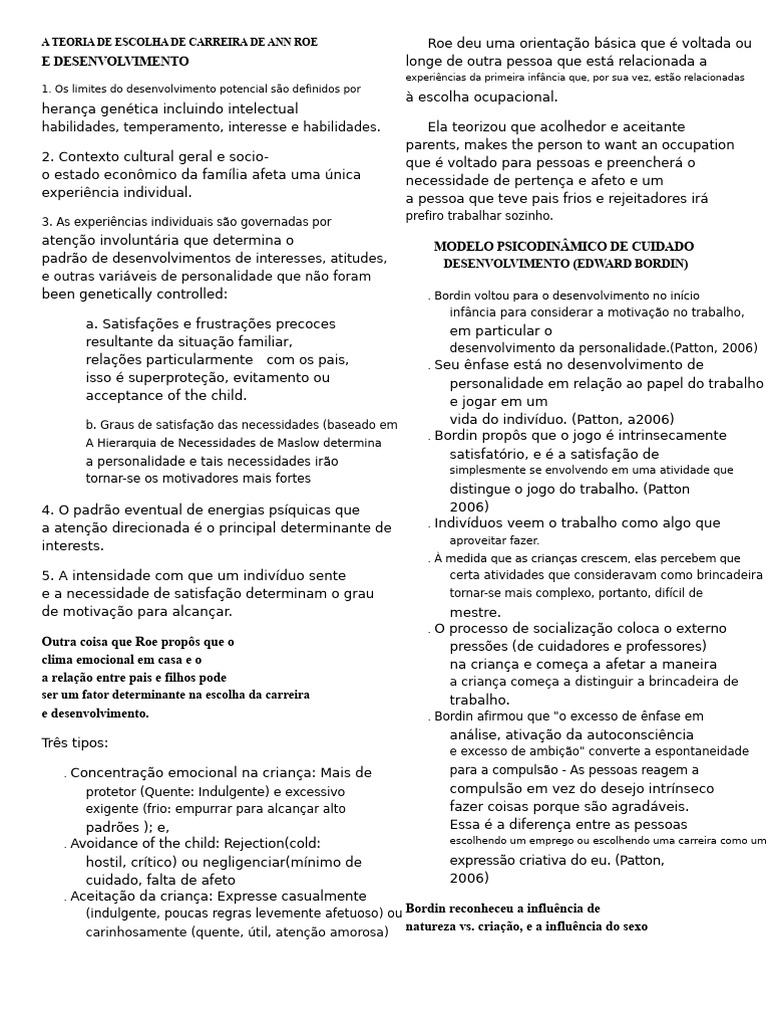 Teoria de Carreira de Ann Roe e Bordin | PDF | Motivação | Motivacional