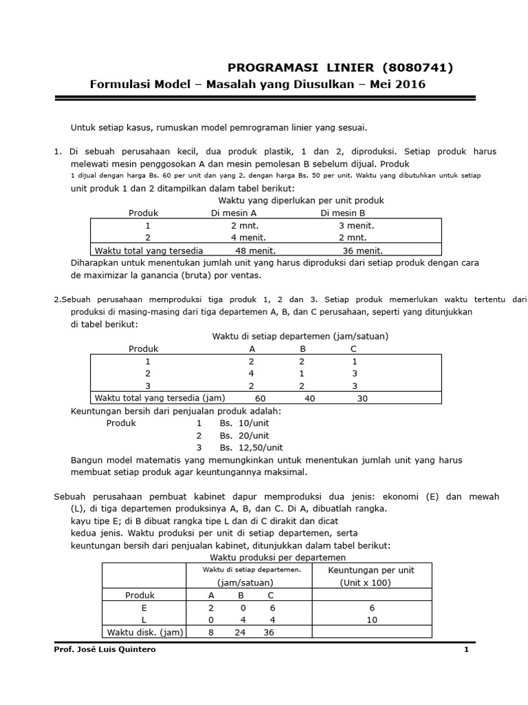 Model Pemrograman Linier untuk Optimalisasi Produksi | PDF