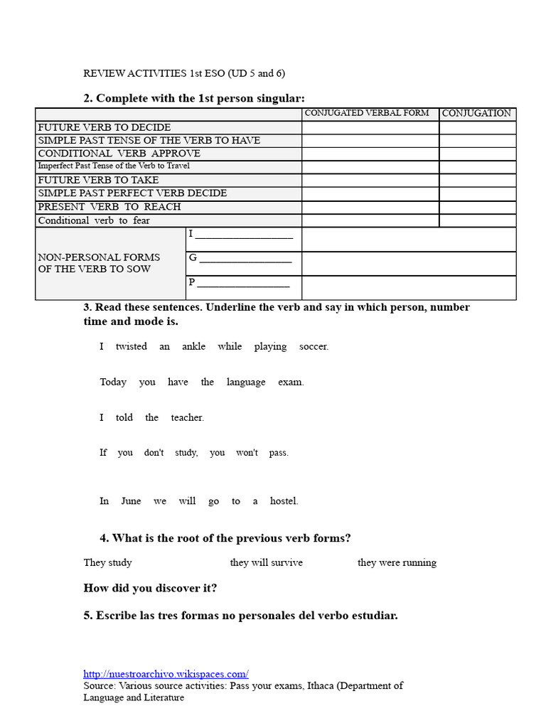 REVIEW ACTIVITIES 1st ESO units 5 & 6 | PDF | Grammatical Tense | Verb