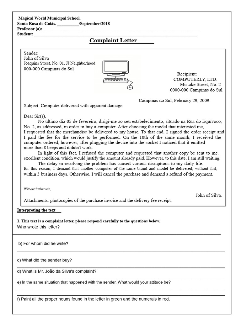 Complaint Letter for Damaged Computer | PDF