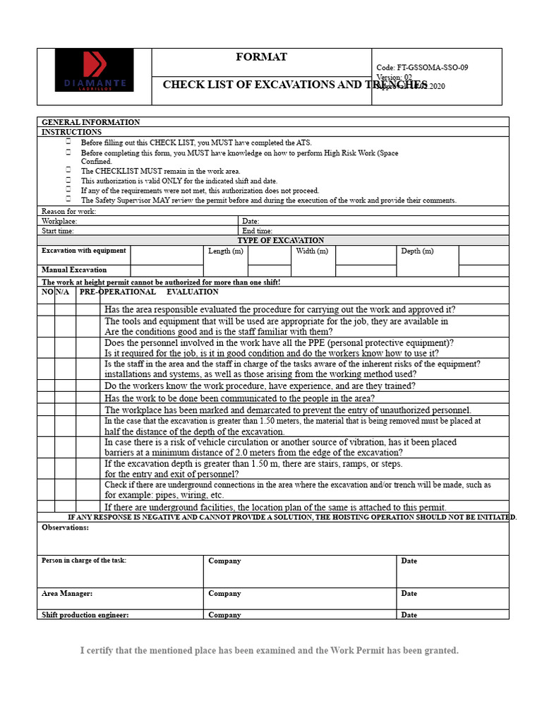 FT - Excavation and Trench Checklist Format | PDF | Safety