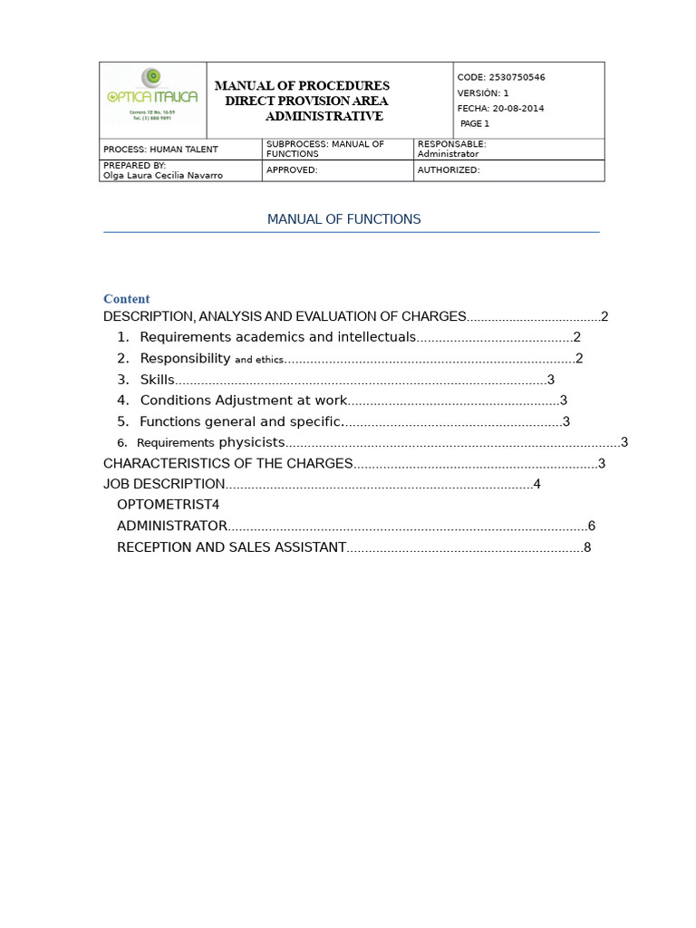 Job Analysis and Function Manual | PDF | Optometry | Medical Diagnosis
