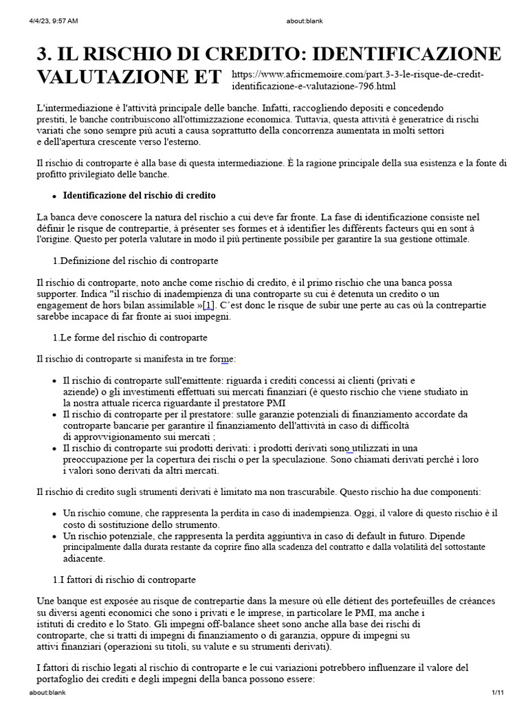 IL RISCHIO DI CREDITO - IDENTIFICAZIONE e Valutazione | PDF