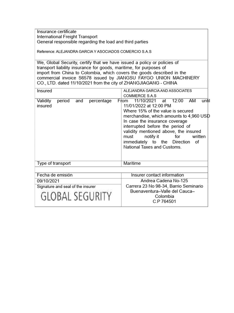 Maritime Insurance Certificate for Freight | PDF