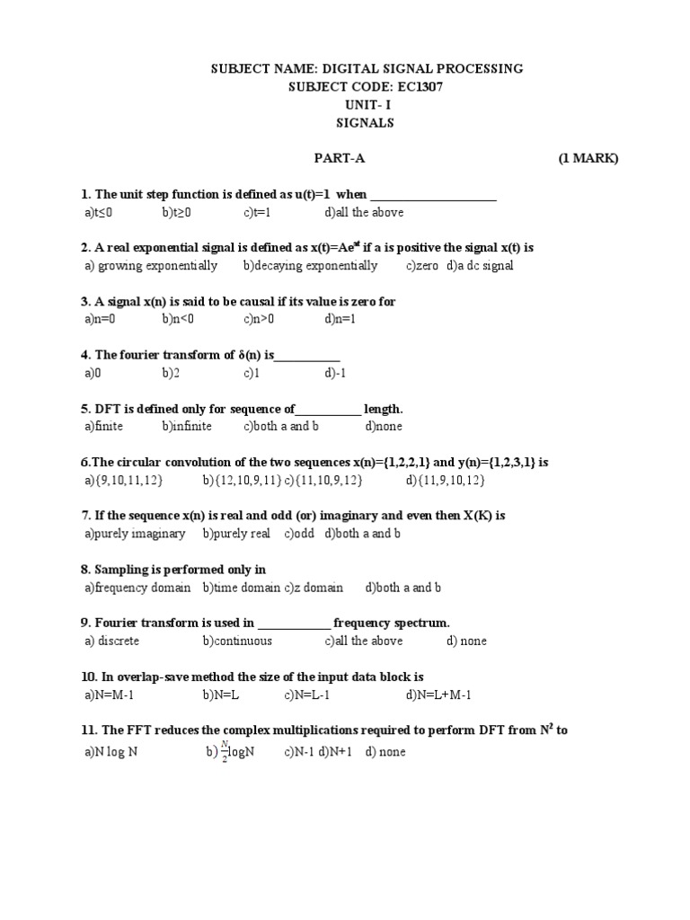 Dsp Qb Discrete Fourier Transform Fast Fourier Transform