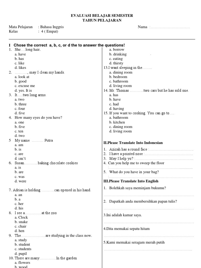 Soal Bahasa Inggris Kelas 4 Sd Pdf