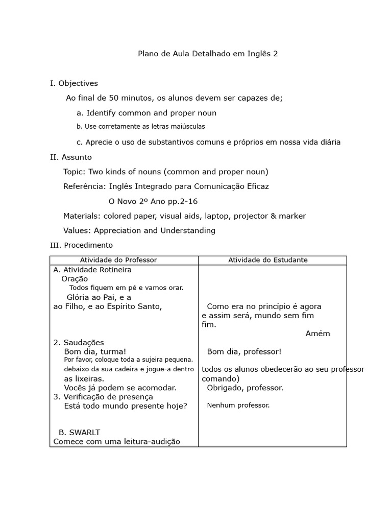Plano de Aula Detalhado em Inglês 2 | PDF | Linguística