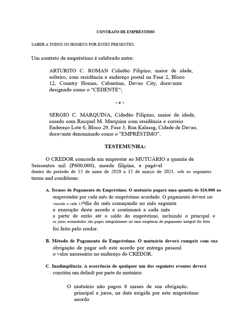 Exemplo de Contrato de Empréstimo | PDF | Empréstimos | Juros