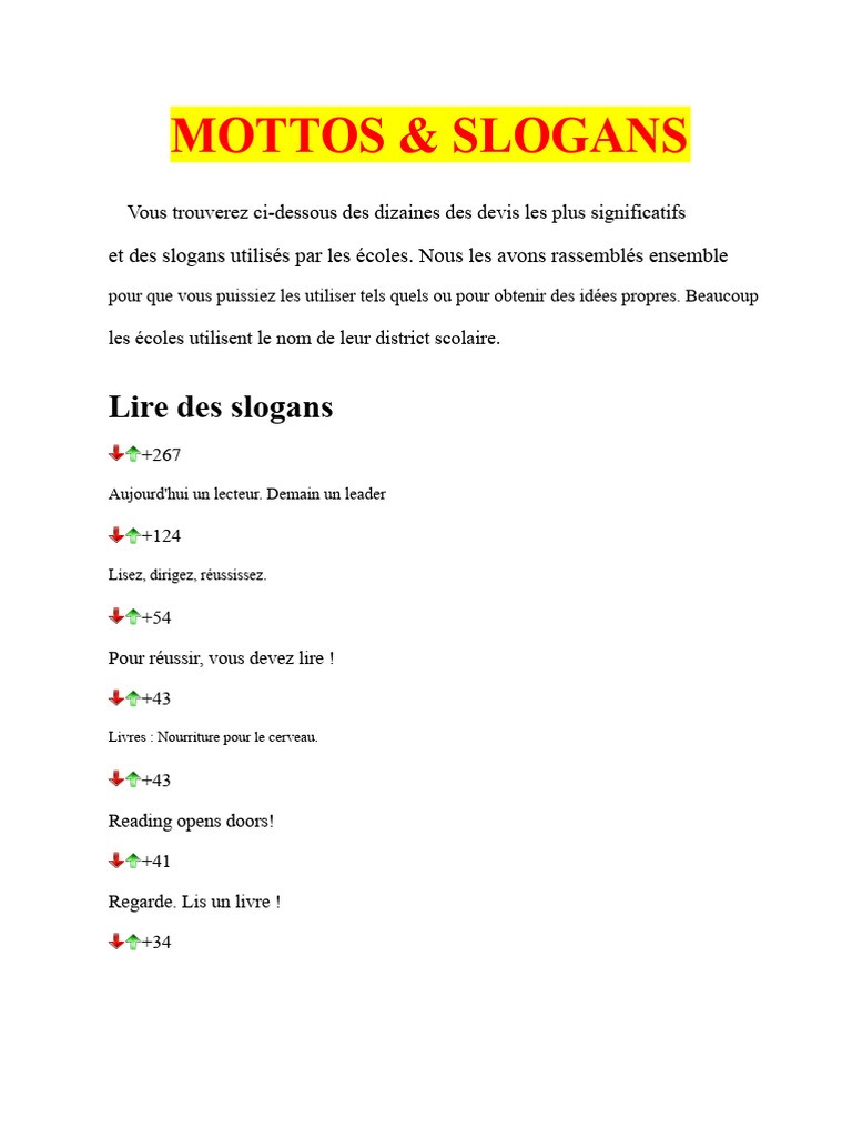 Slogans et Mottos pour Écoles et Éducation | PDF | Apprentissage ...