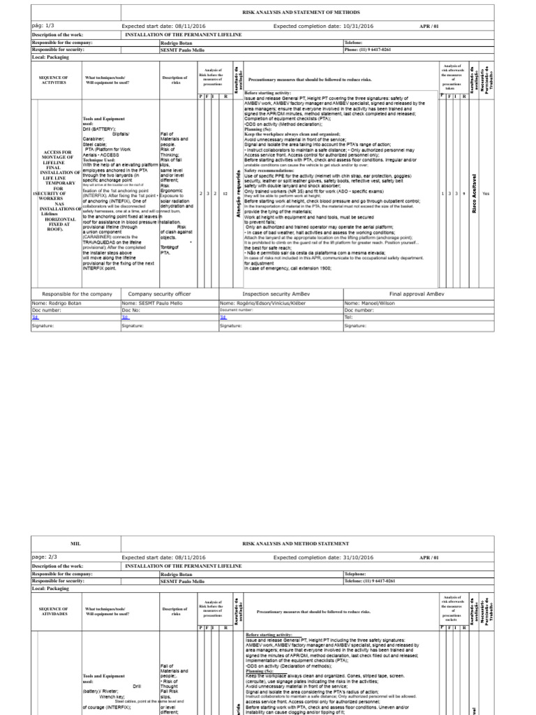 Lifeline Installation Risk Analysis Guide | PDF | Personal Protective ...