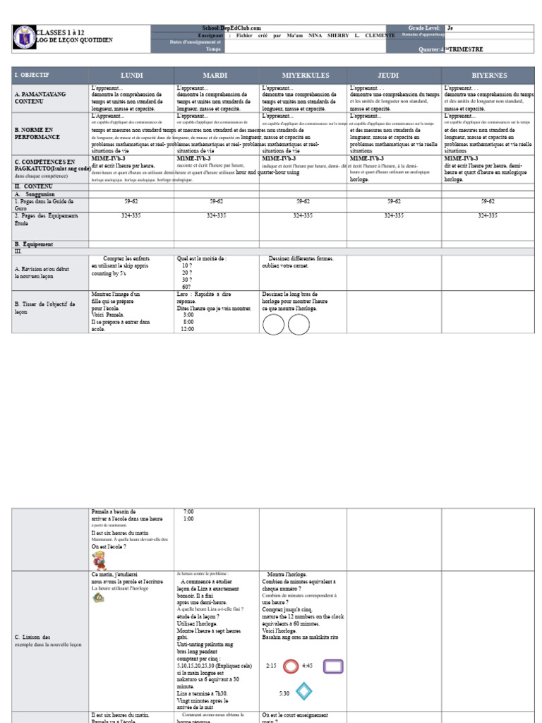 Log de leçon de mathématiques pour le 4e trimestre | PDF ...