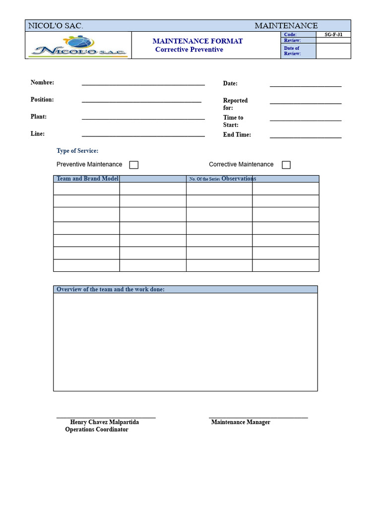 Preventive and Corrective Maintenance Format | PDF