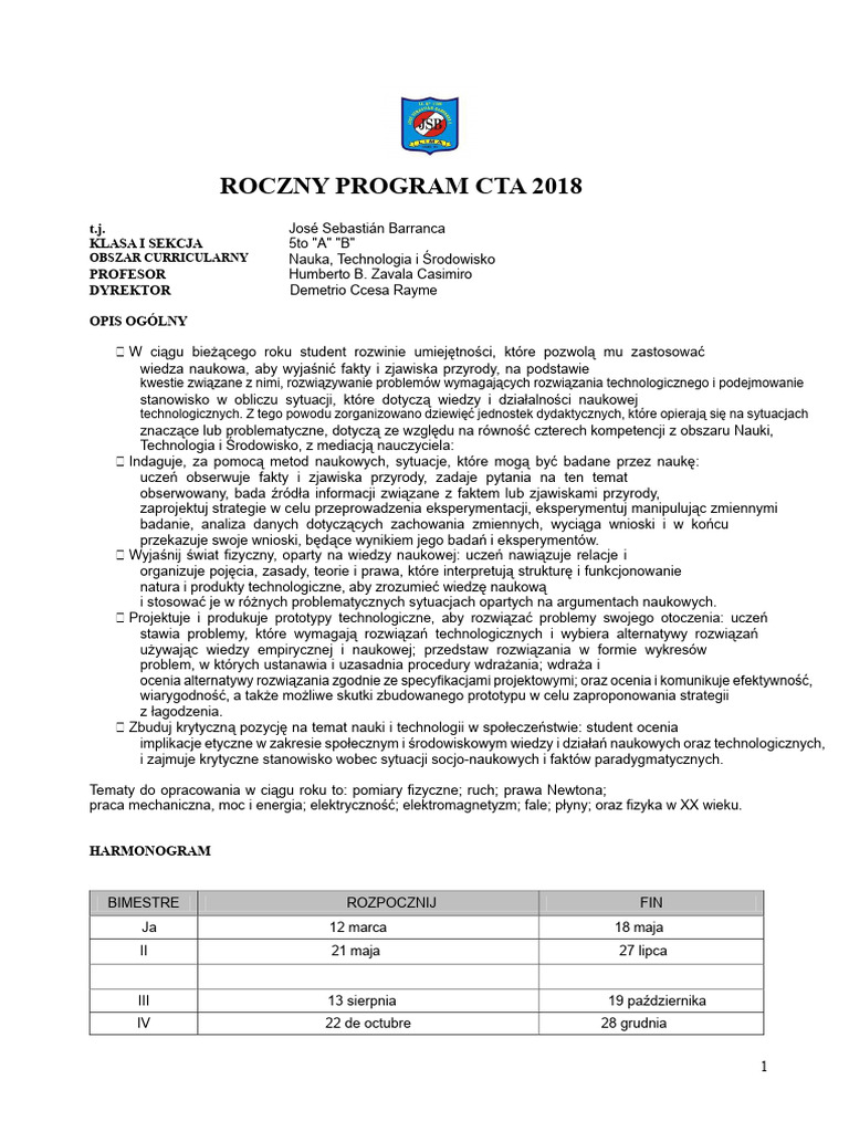 Roczny Program Nauczania CTA 5° Szkoła Średnia 2018 - Ccesa007 | PDF