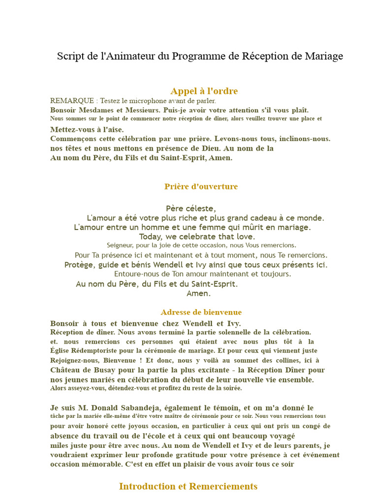 Script de Réception de Mariage | PDF