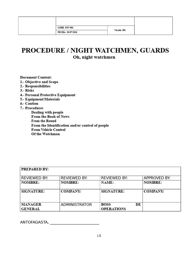 Procedure for Night Watchmen or Night Guards | PDF | Personal ...