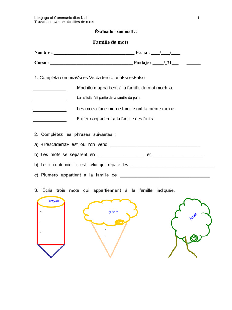 Évaluation sur les familles de mots | PDF