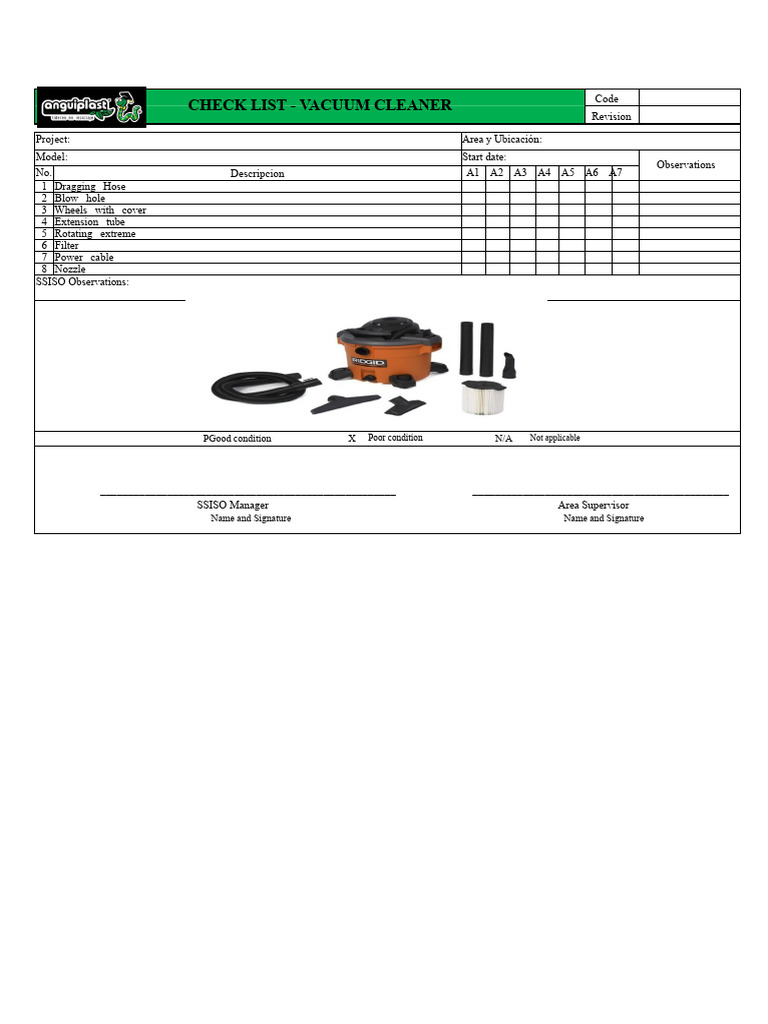 Vacuum Cleaner Checklist | PDF