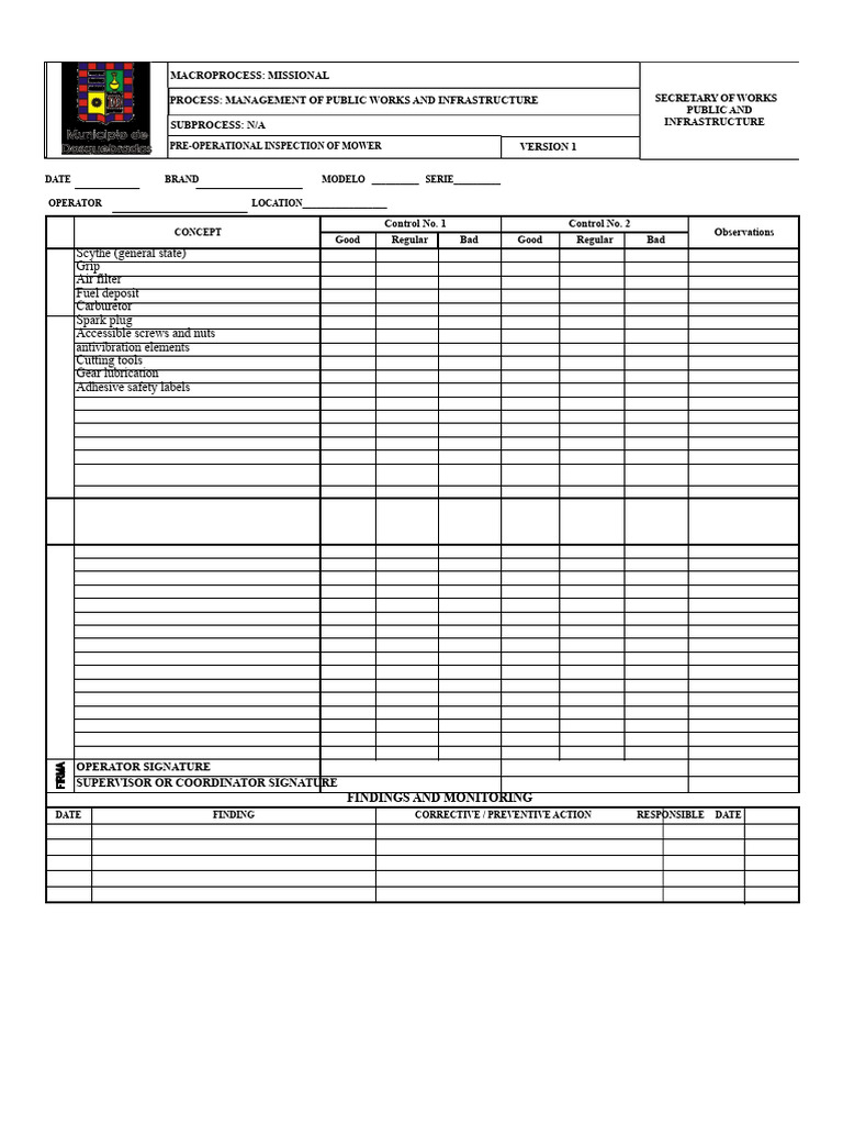 Pre-Operational Inspection Checklist for Mowers | PDF