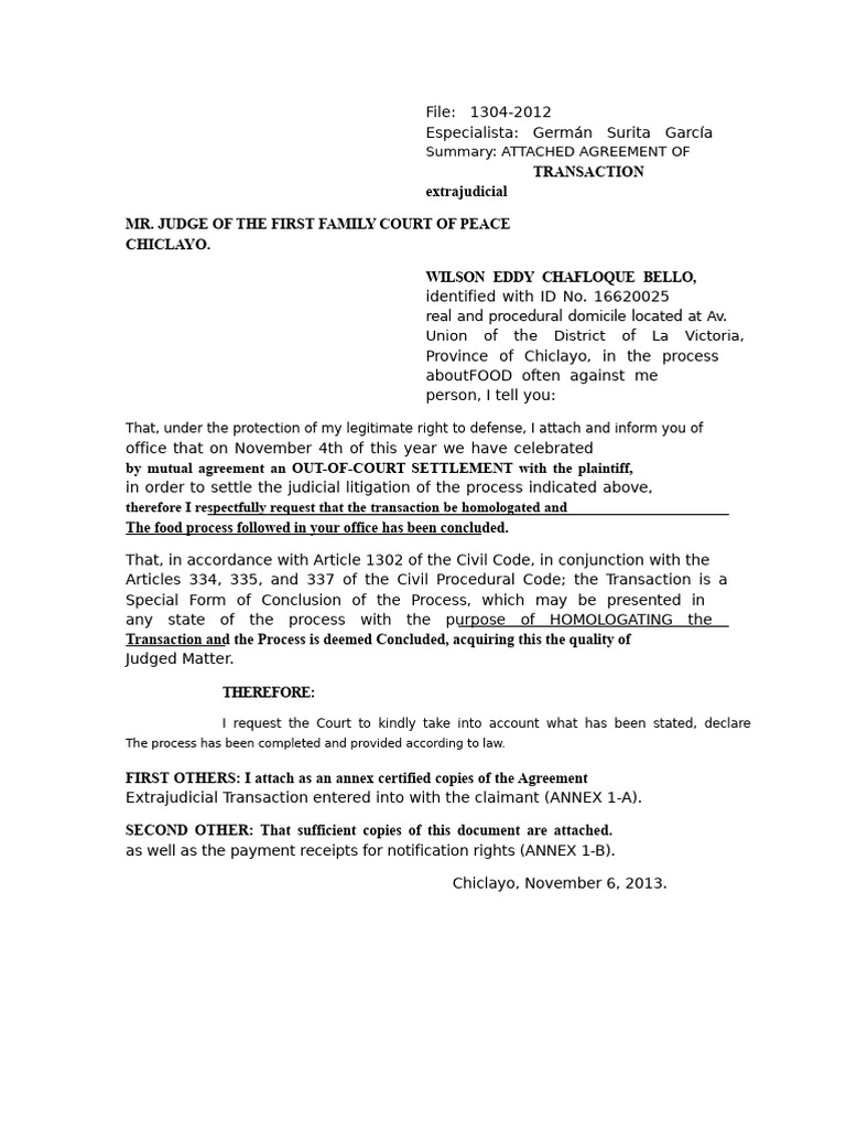 Extrajudicial Settlement Agreement Chiclayo | PDF