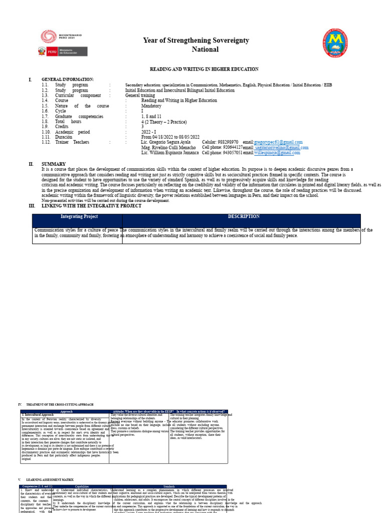 Updated Syllabus For Reading and Writing Higher Education 2022-I | PDF ...