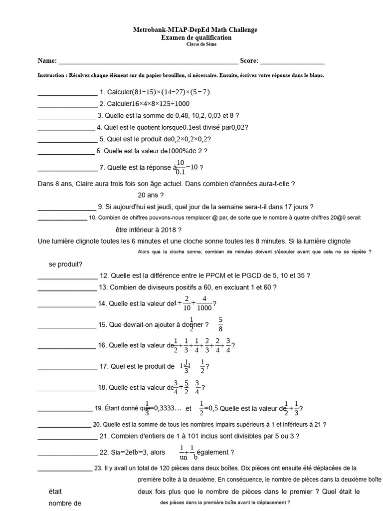 Examen de Mathématiques 5ème - Metrobank | PDF | Mathématiques ...