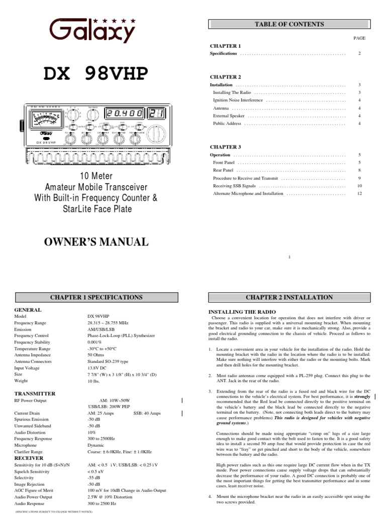 Galaxy Owners Manual Dx98vhp PDF Electrical Connector Broadcasting