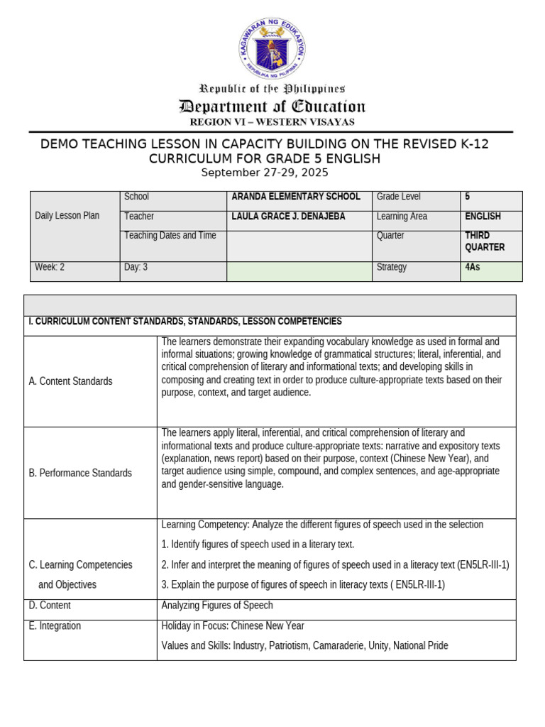 Grade 5 English Lesson Plan: Figures of Speech | PDF | Reading ...