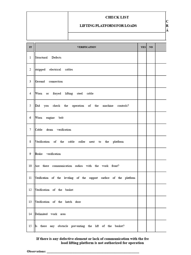Lifting Platform Safety Checklist | PDF | Elevator | Manufactured Goods