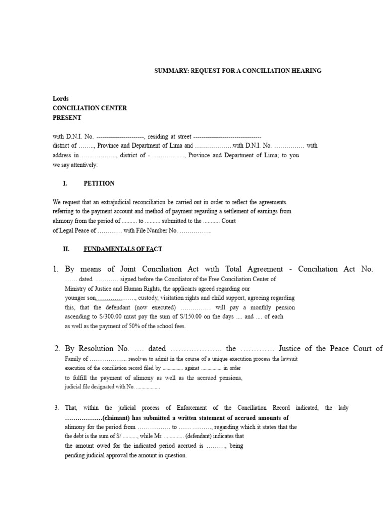 Model of Conciliation Request - Accrued Agreement | PDF | Mediation ...