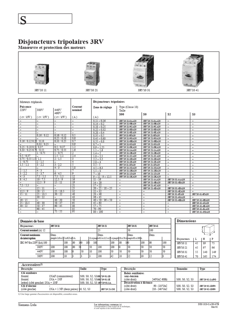 Disjoncteurs tripolaires 3RV pour moteurs | PDF