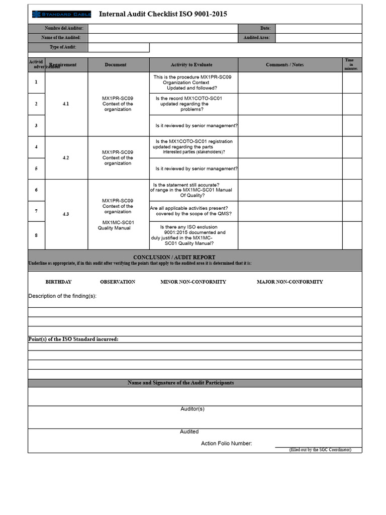 ISO 9001:2015 Internal Audit Checklist | PDF | Audit | Internal Audit
