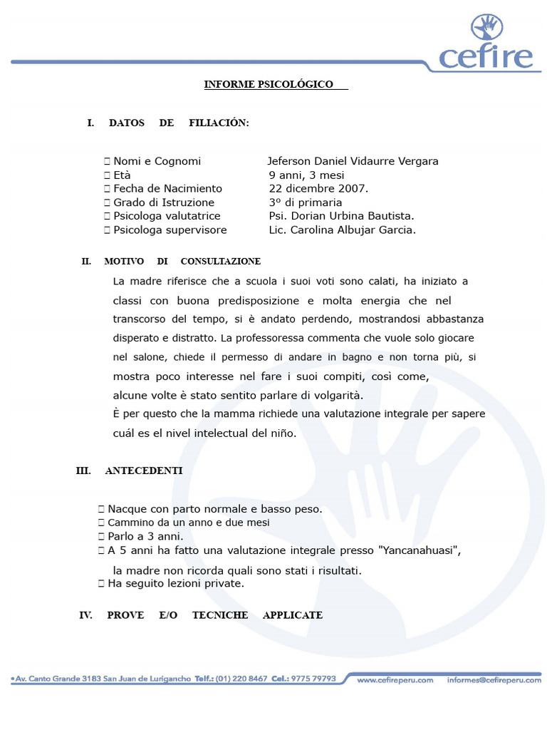 Rapporto Psicologico Jeferson Daniel Vidaure | PDF