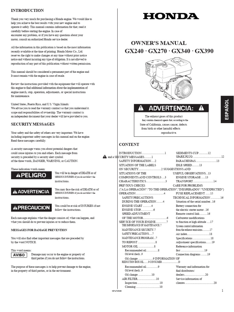 Honda GX-240-GX270-GX340-GX390 Engine Operator Manual | PDF | Gasoline ...