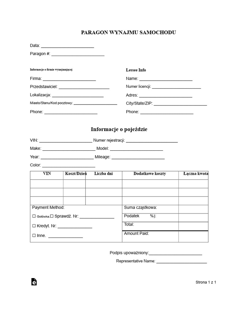 Szablon Paragonu Wynajmu Samochodu | PDF