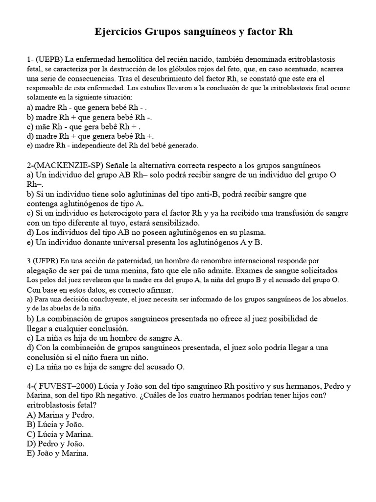 Ejercicios Grupos Sanguíneos y Factor RH | PDF | Tipo de sangre ...