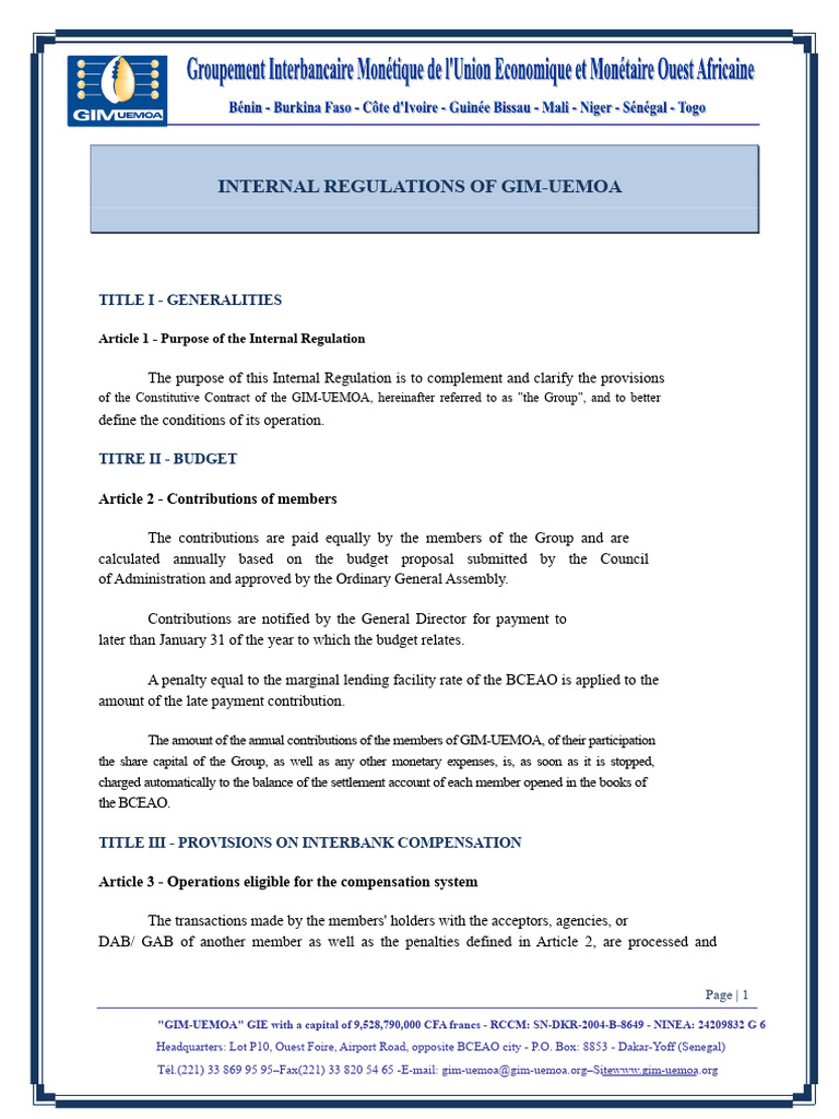 GIM-UEMOA Internal Regulations Overview | PDF | Credit Card