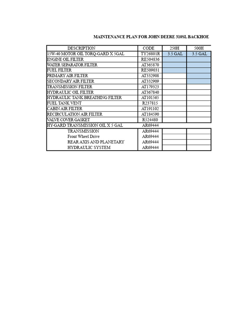 Maintenance Plan Backhoe 310SL John Deere | PDF