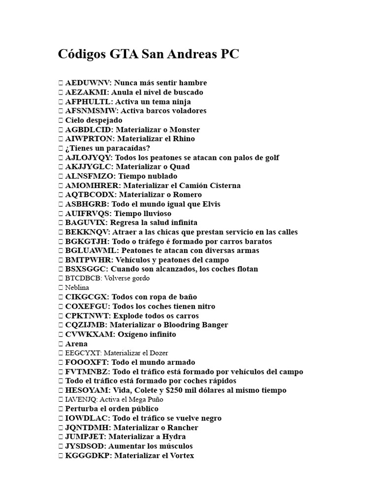 Códigos de trucos para GTA San Andreas | PDF