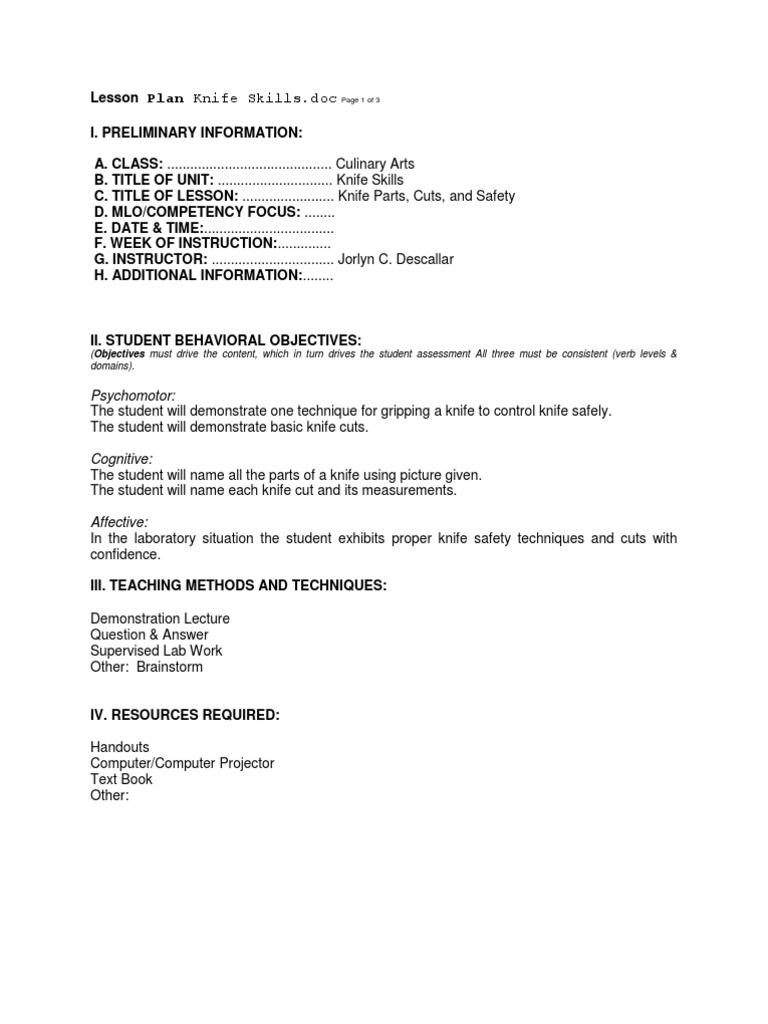 Lesson Plan Knife Skills | Knife | Cooking