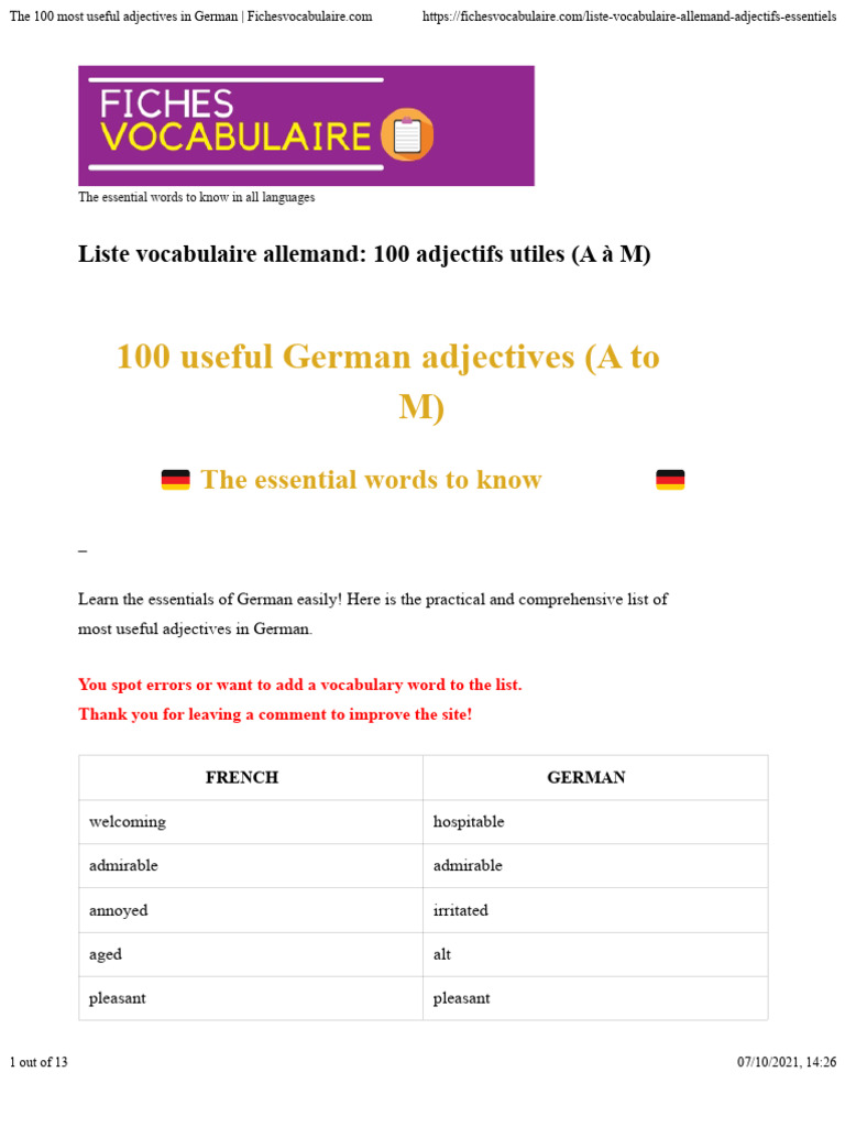 100 Essential German Adjectives List | PDF | Linguistics | Semantic Units