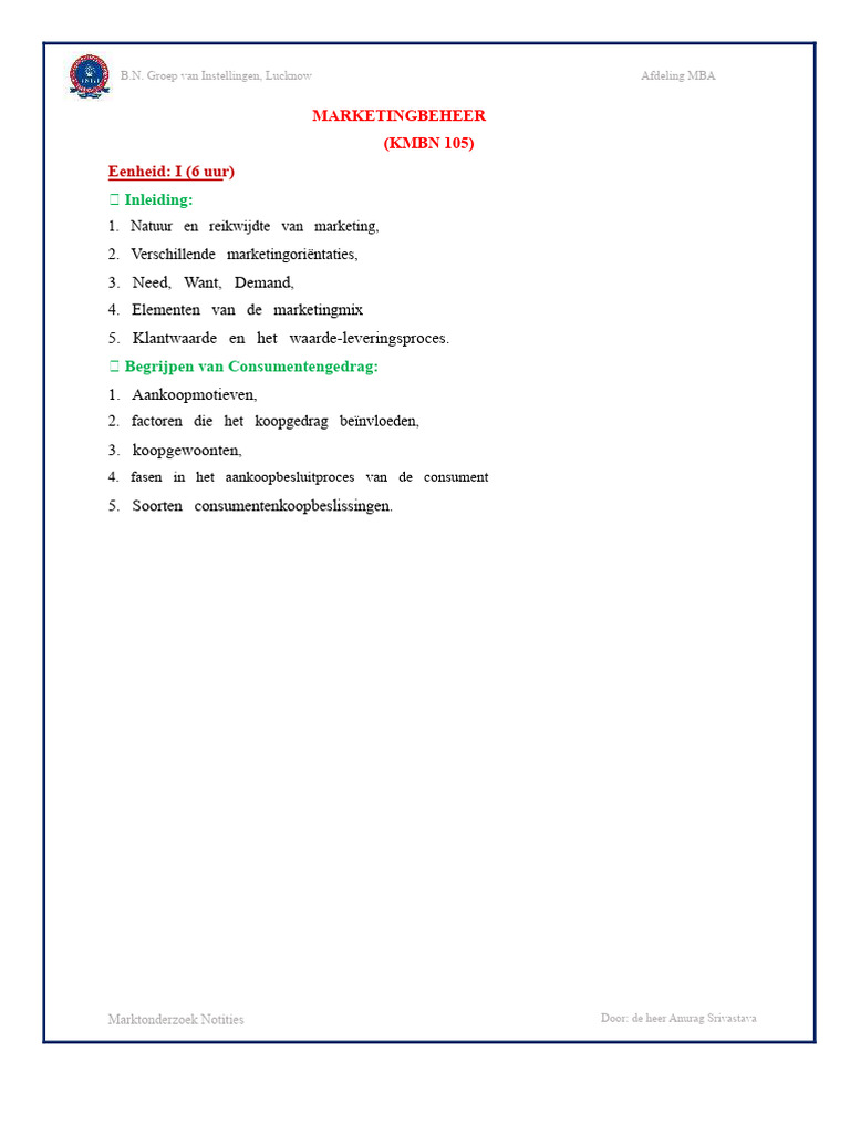 EENHEID I - Marketingbeheer (KMBN 105) | PDF