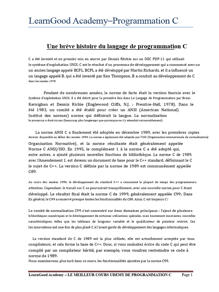 Histoire et caractéristiques du langage C | PDF | C (Langage de ...